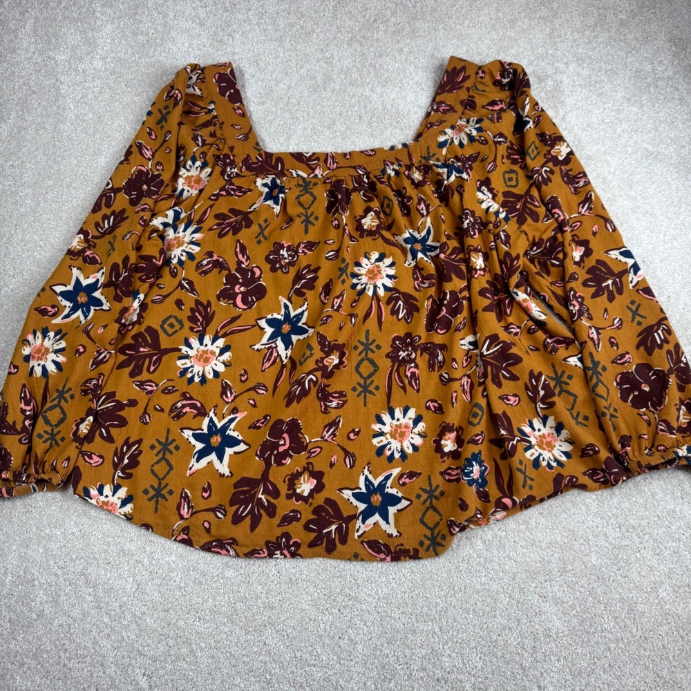 Sonoma Goods For Life Mustard Floral Square Neck Boho Blouse 1X Rayon Lyocell